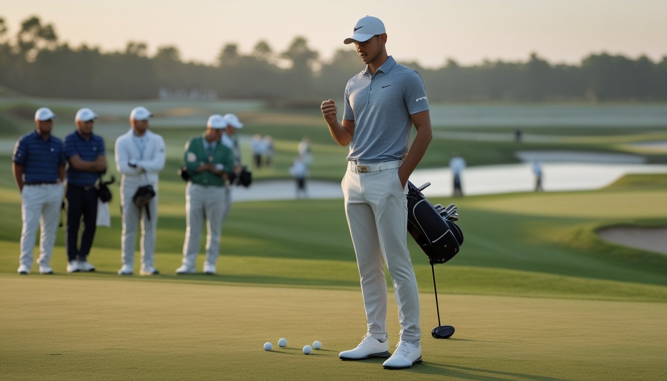 Pegolf profesional berdiri di lapangan golf sambil mengamati arah permainan, dengan beberapa pegolf dan lapangan hijau di latar belakang.