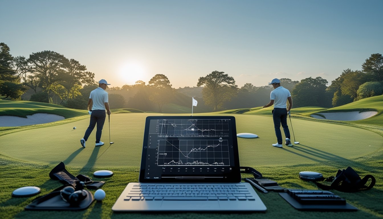 Analis golf membandingkan performa dua pemain di lapangan golf menggunakan tablet dan perlengkapan golf.