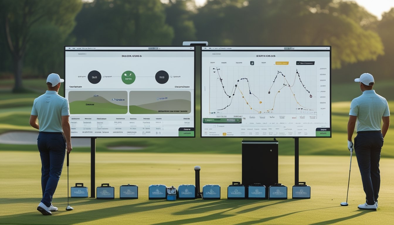 Seorang analis membandingkan performa dua pegolf di lapangan golf melalui peta lapangan dan tablet.