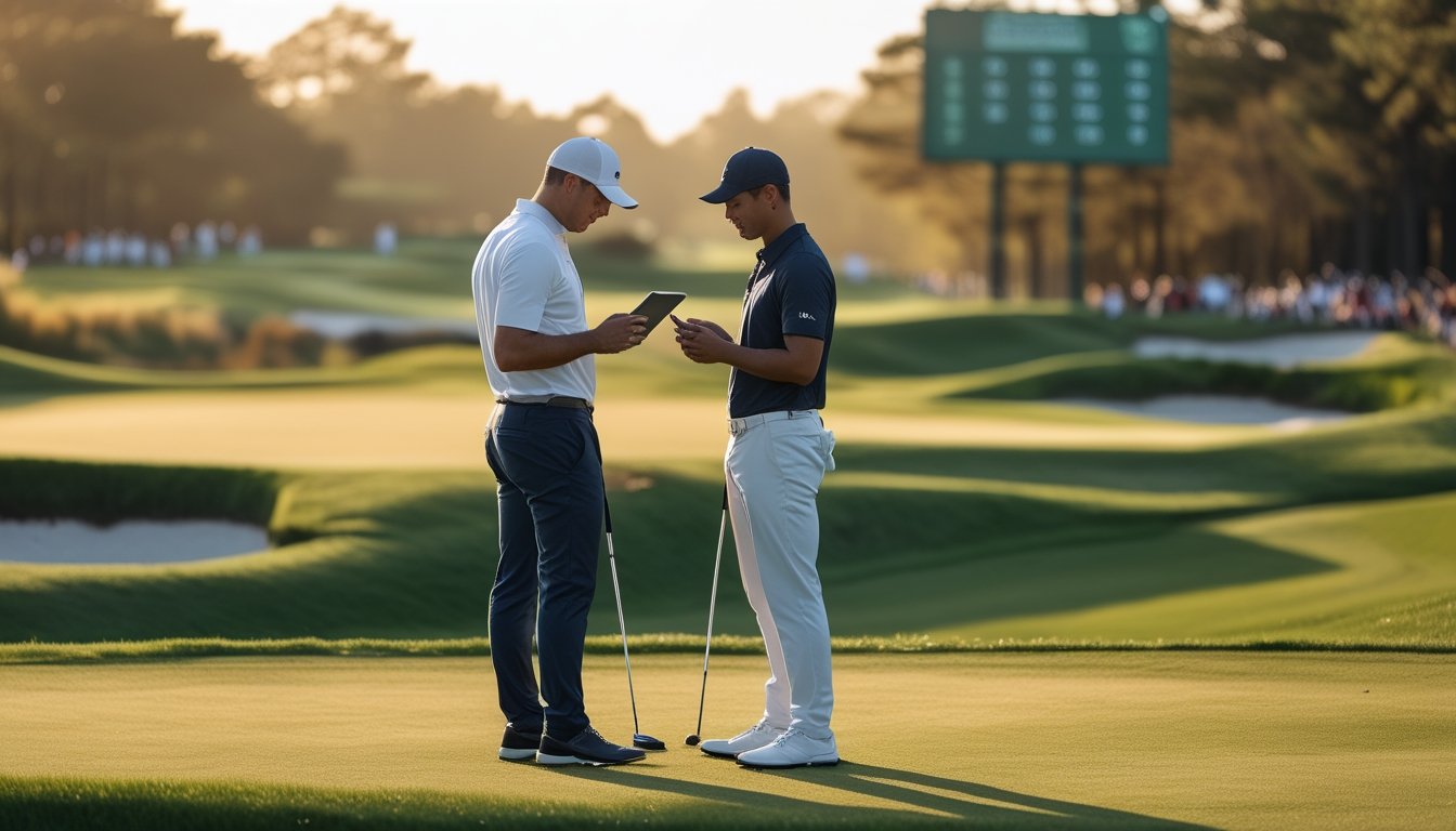 Seorang analis golf dan pegolf berdiri di lapangan turnamen sambil mengamati fairway dan green.
