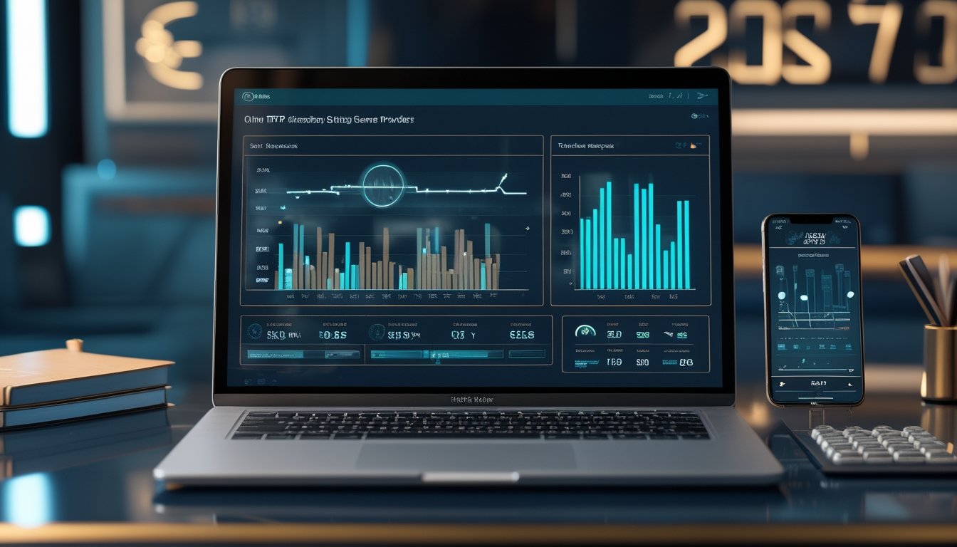 Meja kerja modern dengan laptop dan ponsel yang menampilkan grafik analitik abstrak.