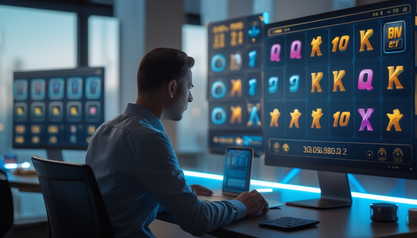 Seorang analis mempelajari grafik peluang dan antarmuka permainan slot di ruang kerja modern.