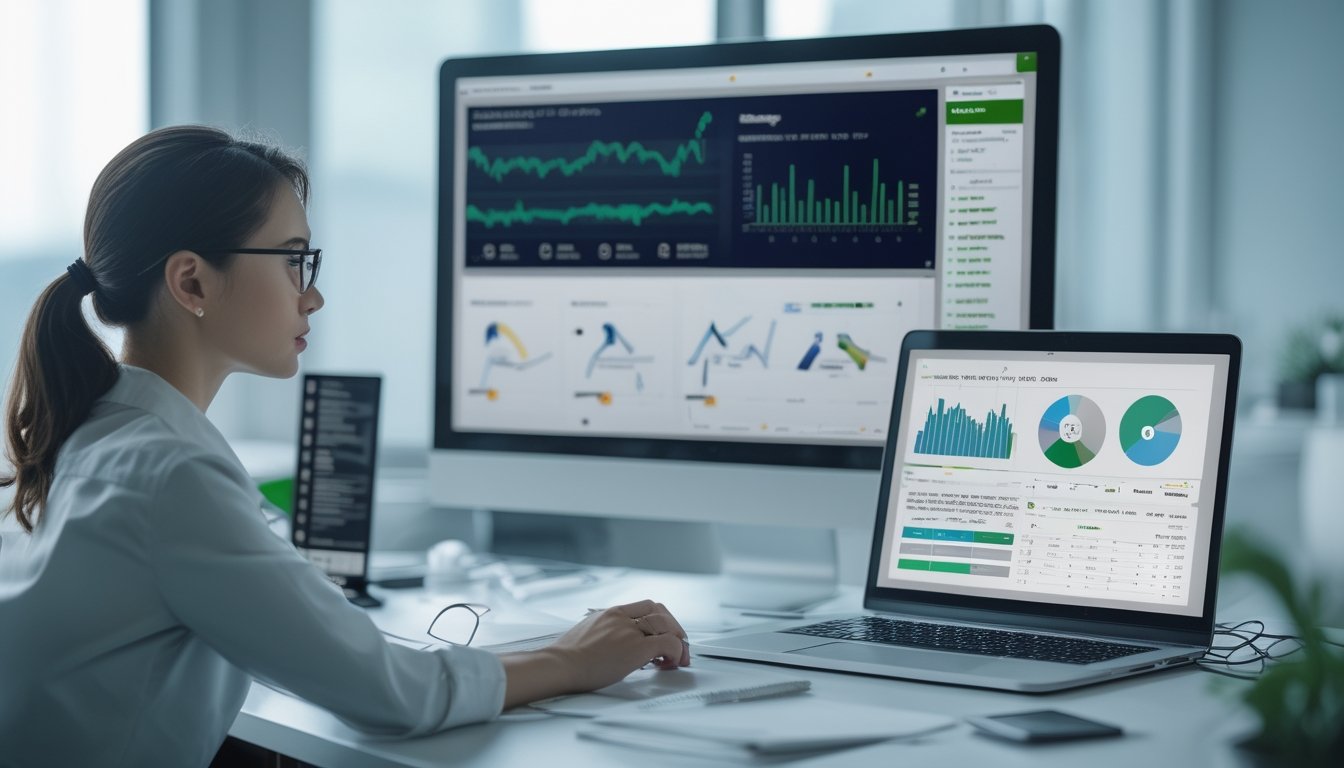 Seorang analis meninjau dasbor data dan grafik pada beberapa perangkat di ruang kerja modern.