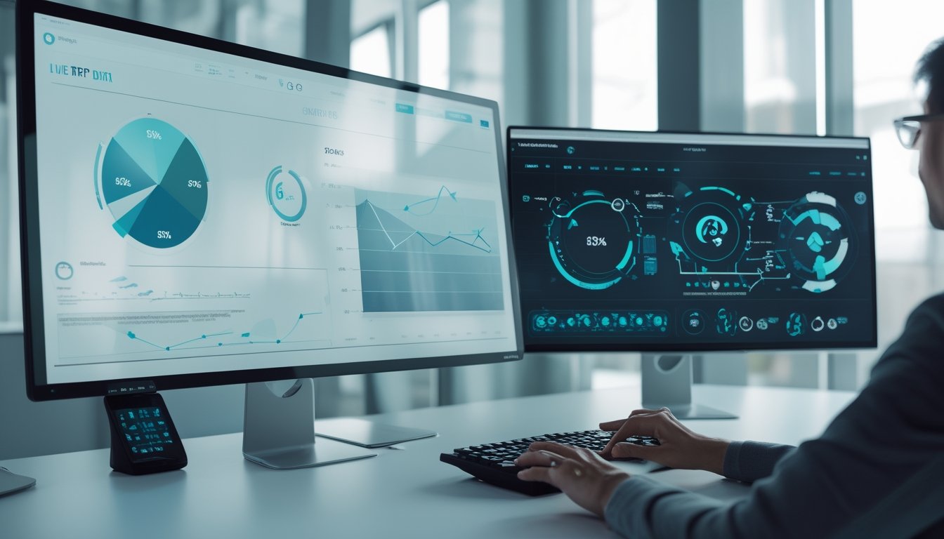 Analis memantau dasbor visualisasi data real-time pada beberapa layar komputer di ruang kerja modern.