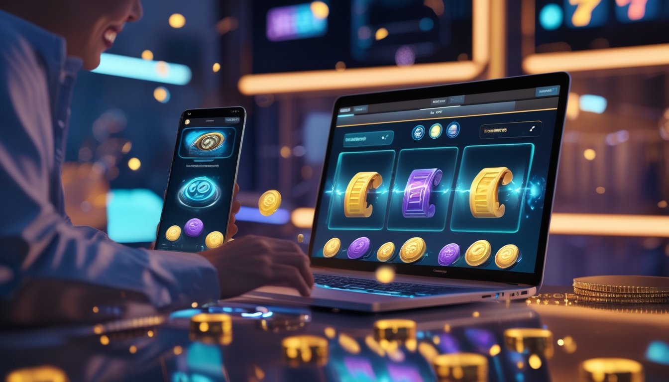 Orang dewasa menggunakan perangkat digital dengan tampilan permainan slot berwarna-warni dan efek cahaya meriah.