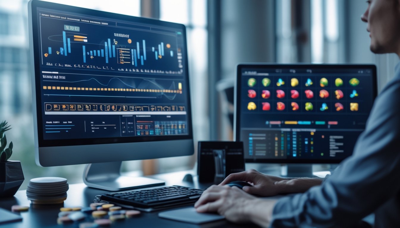 Meja kerja modern dengan monitor yang menampilkan grafik analisis dan simbol permainan slot.