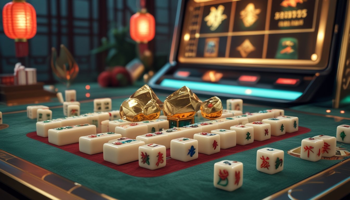 Meja mahjong mewah dengan ubin mahjong, lampion merah, dan tampilan mesin permainan digital bercahaya.