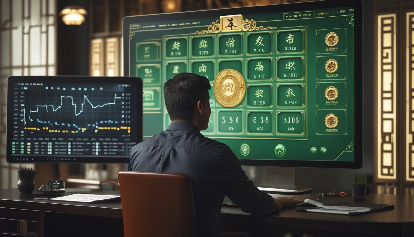 Seorang analis mempelajari data permainan slot bertema Mahjong pada monitor dan tablet di ruang kerja modern.