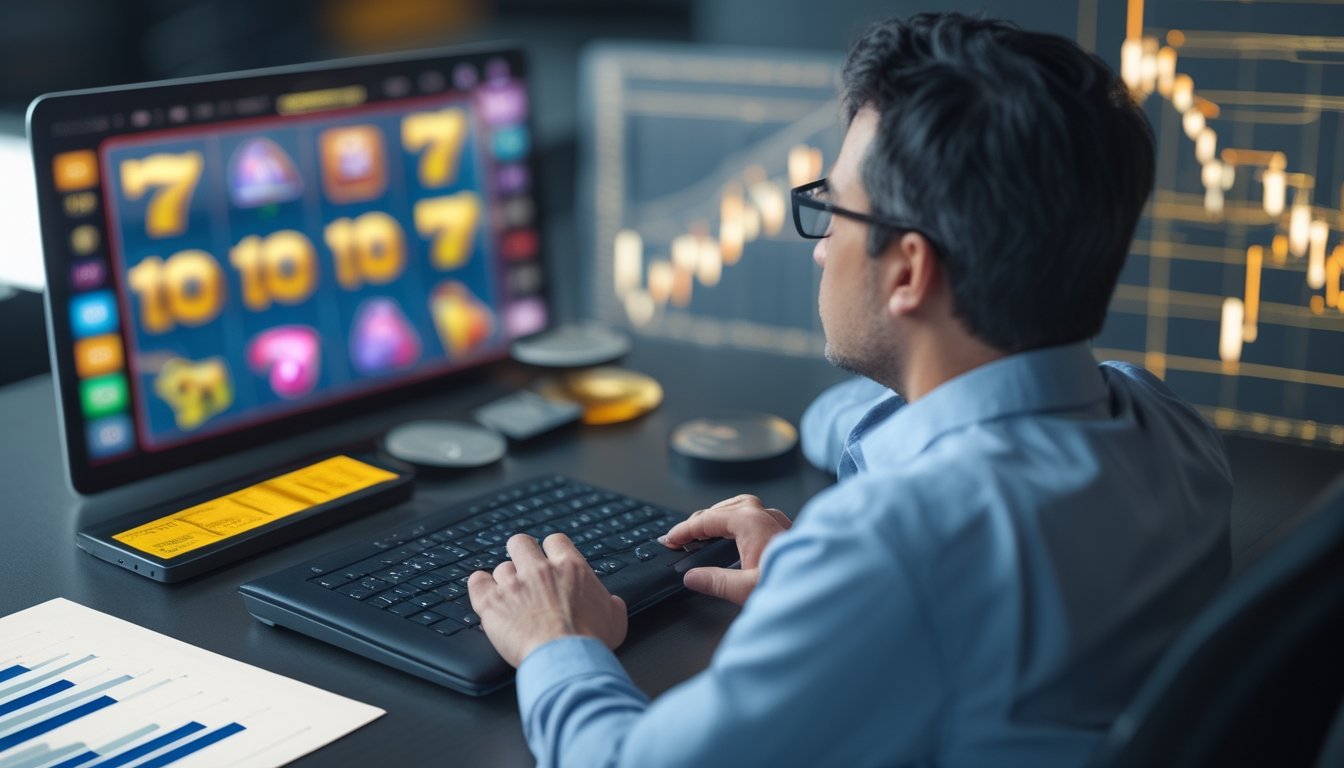 Seorang analis memeriksa layar permainan slot dan grafik statistik yang menunjukkan hasil yang berubah-ubah.