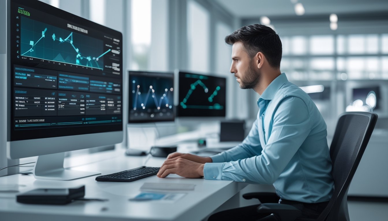 Analis data memeriksa grafik probabilitas dan hasil acak pada beberapa monitor di kantor modern.