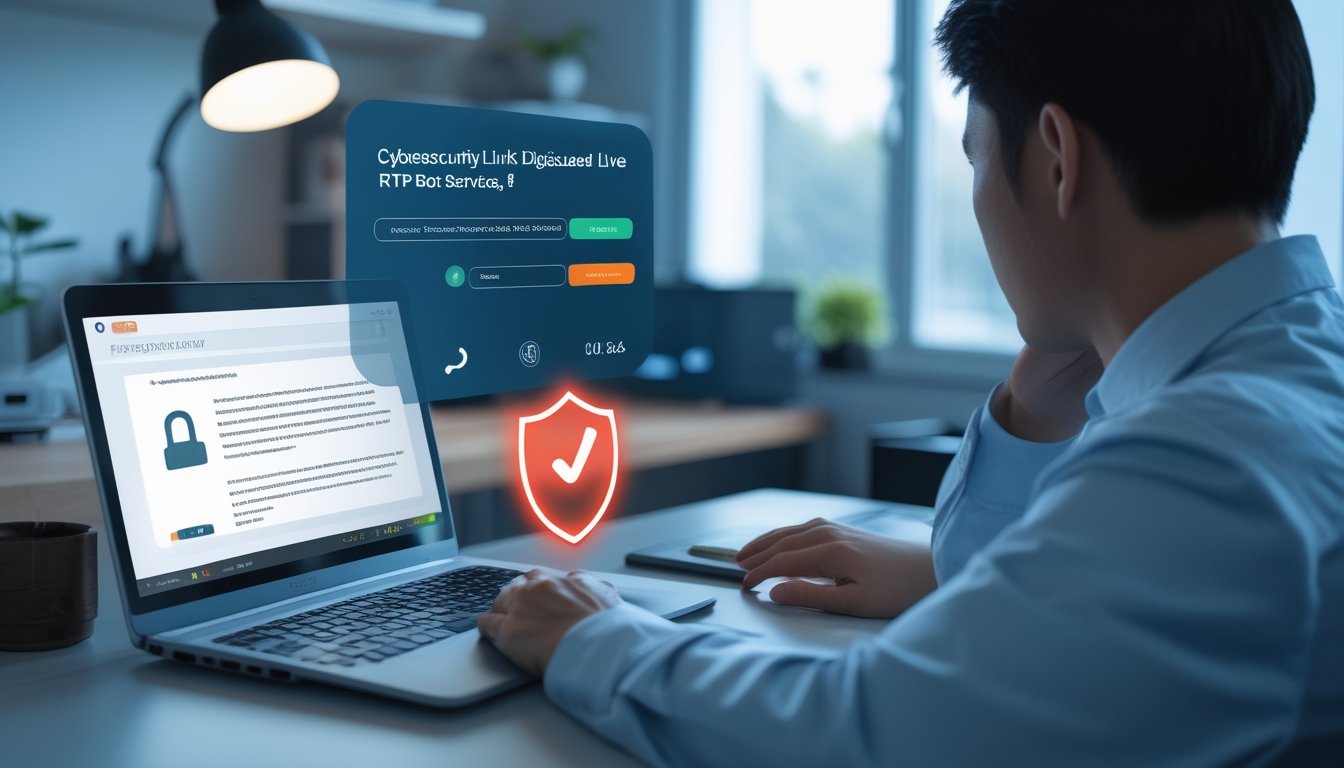 Seseorang memeriksa tautan mencurigakan di laptop dengan simbol peringatan dan perisai keamanan.