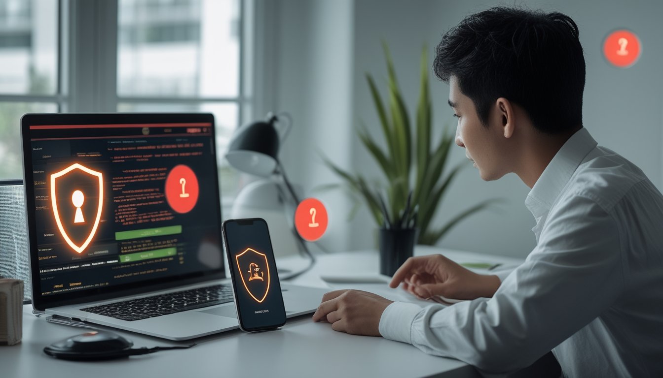 Seseorang memeriksa tautan mencurigakan di laptop dan ponsel dengan tanda peringatan keamanan digital.