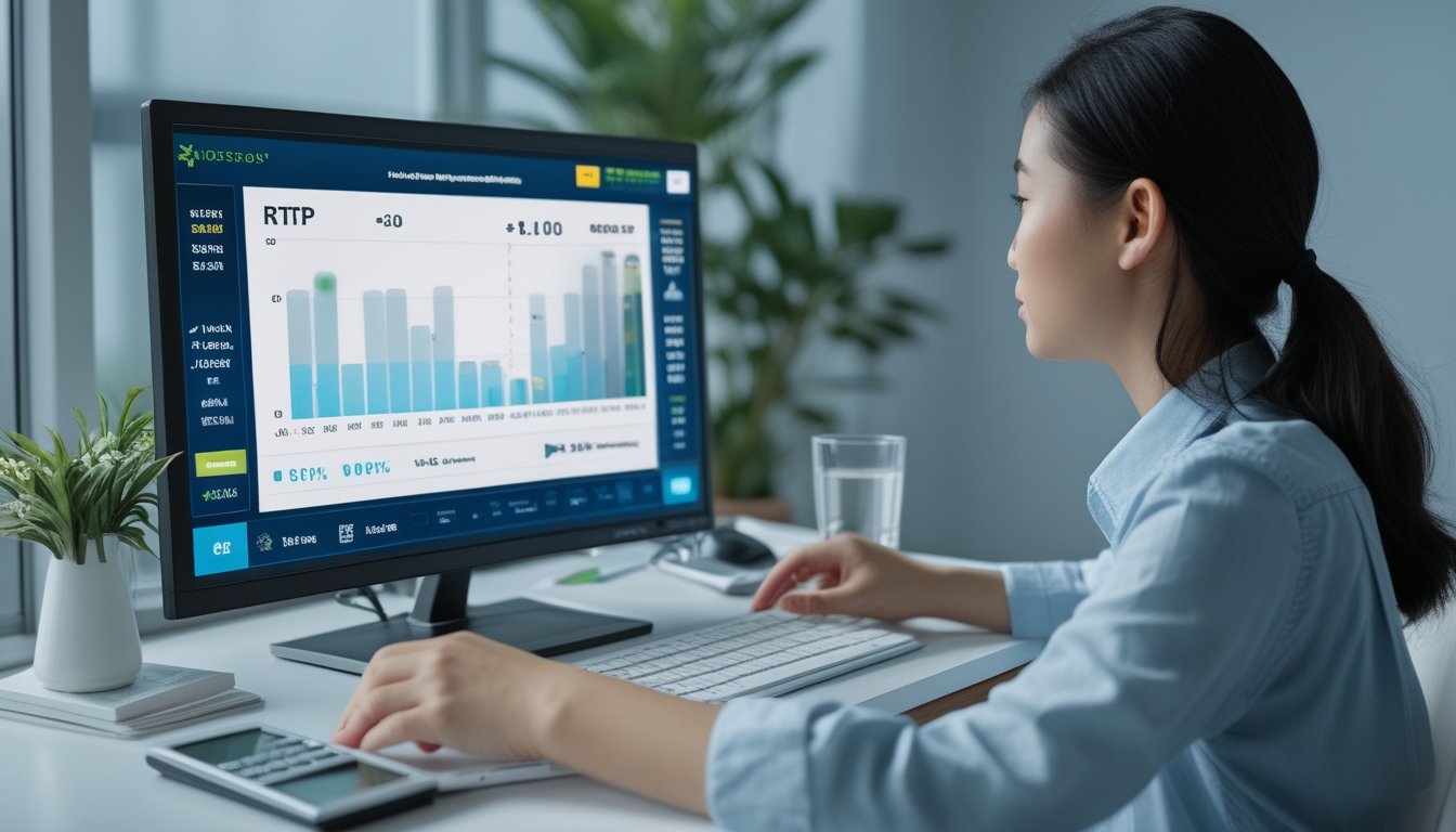 Seorang pemain meninjau data permainan di laptop dengan catatan dan kalkulator di meja.