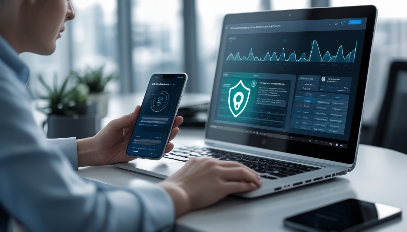 Seseorang memeriksa dasbor data pada laptop dan ponsel dengan simbol keamanan digital.