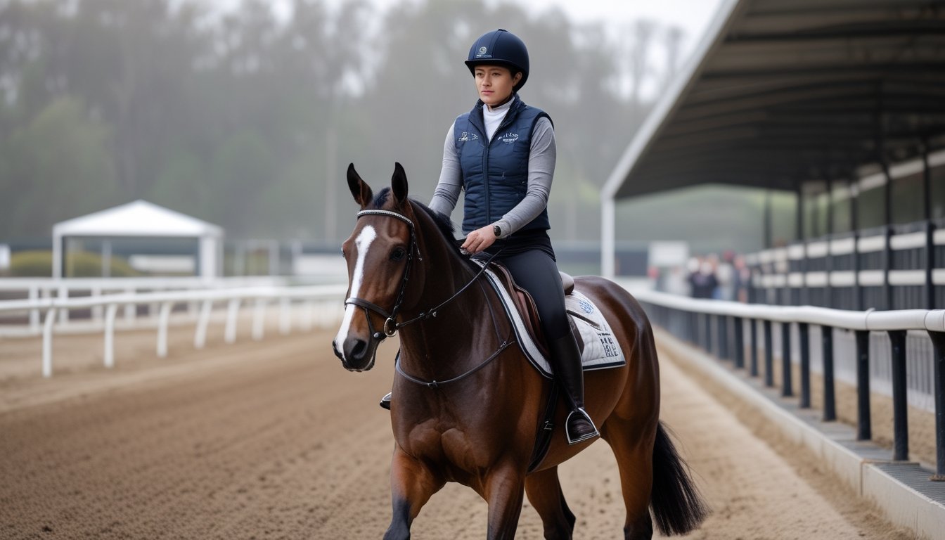 Seorang pemula berlatih menunggang kuda pacu dengan postur yang benar di lintasan, didampingi instruktur.