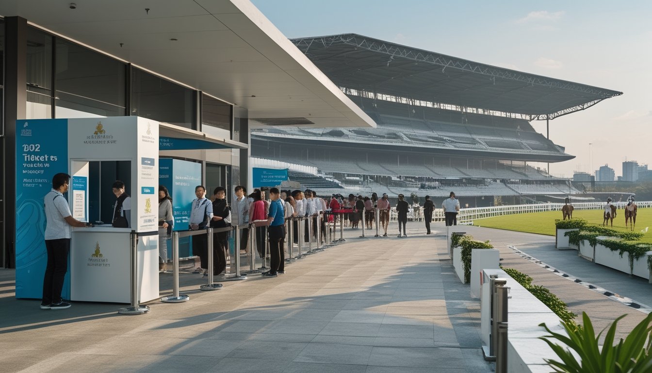 Pengunjung mengantre di pintu masuk arena pacuan kuda dengan petugas memeriksa tiket.