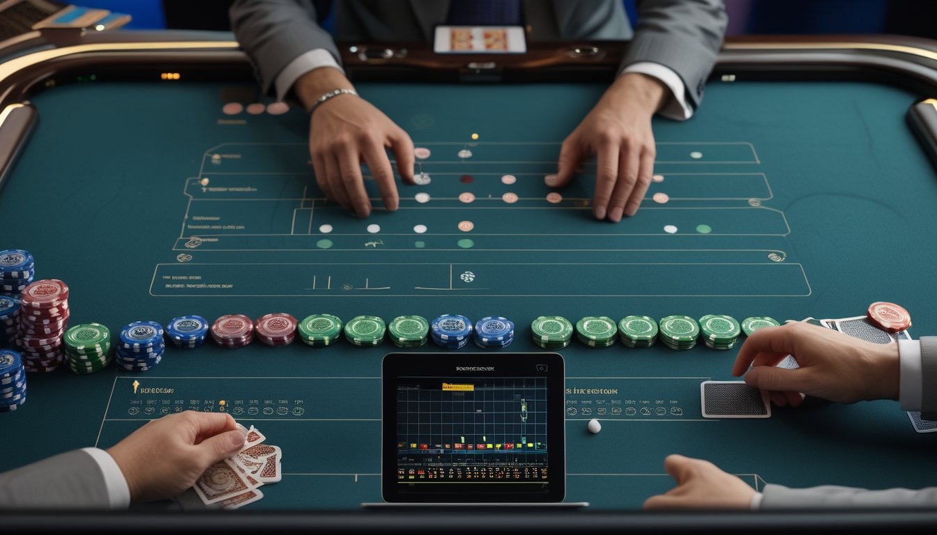 Seorang analis mengamati pola hasil permainan baccarat cepat di meja kasino dengan kartu dan keping taruhan.