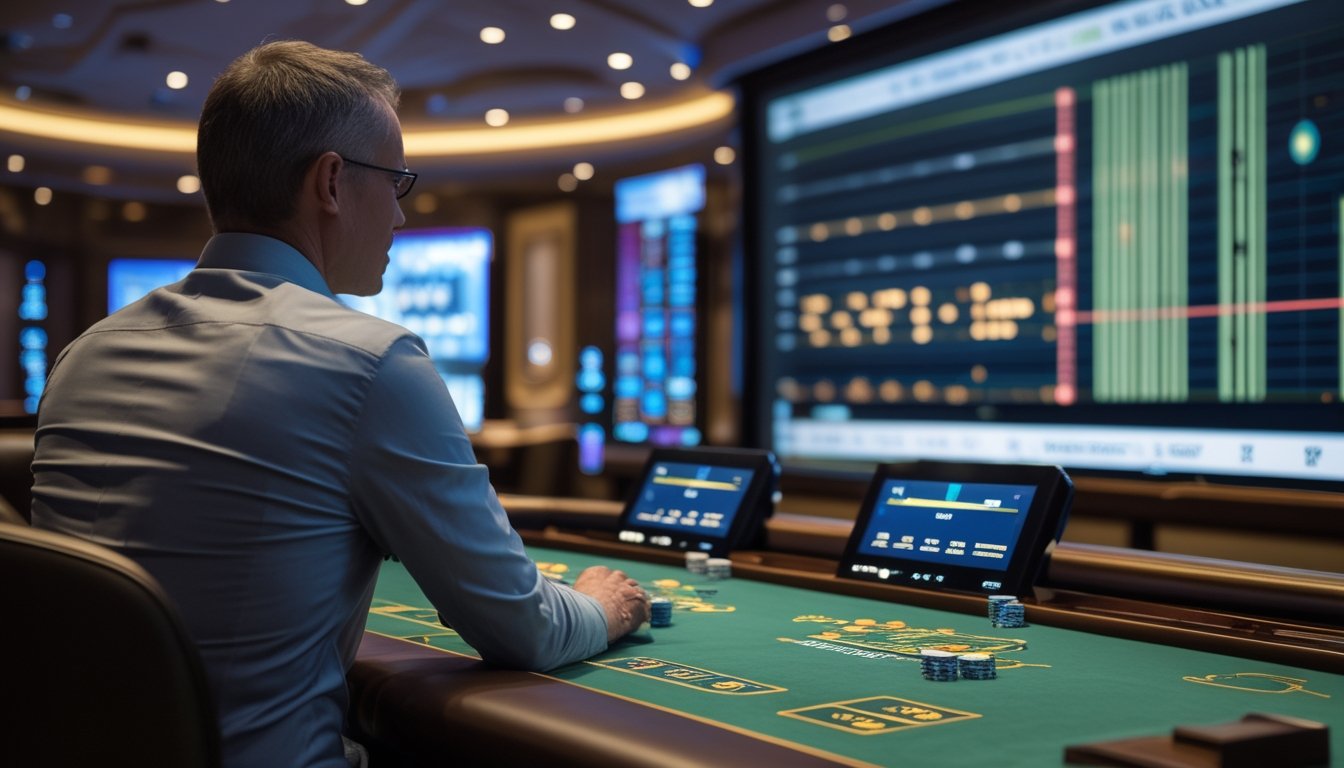 Seorang analis mengamati meja Speed Baccarat dan tampilan pola permainan abstrak di kasino modern.
