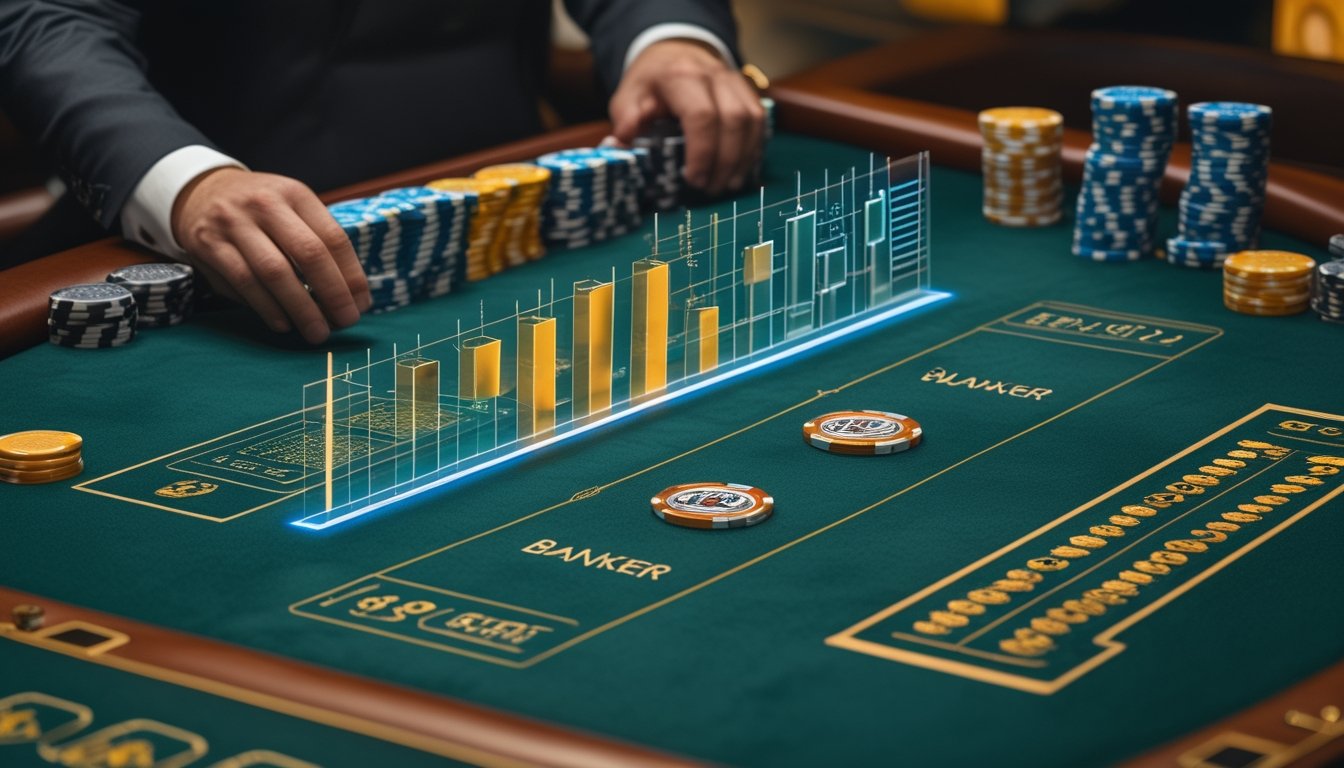 Meja baccarat dengan kartu, keping kasino, dan visualisasi grafik peluang antara Banker dan Player.
