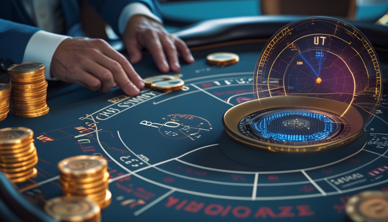 Meja baccarat dengan kartu, chip, tangan dealer, dan elemen analisis probabilitas.