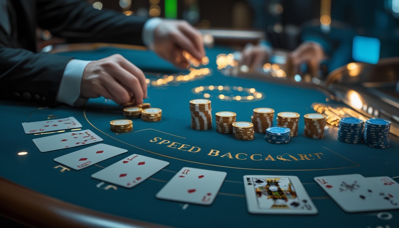Meja baccarat modern dengan kartu, keping kasino, dan tangan bandar yang sedang menyiapkan permainan.
