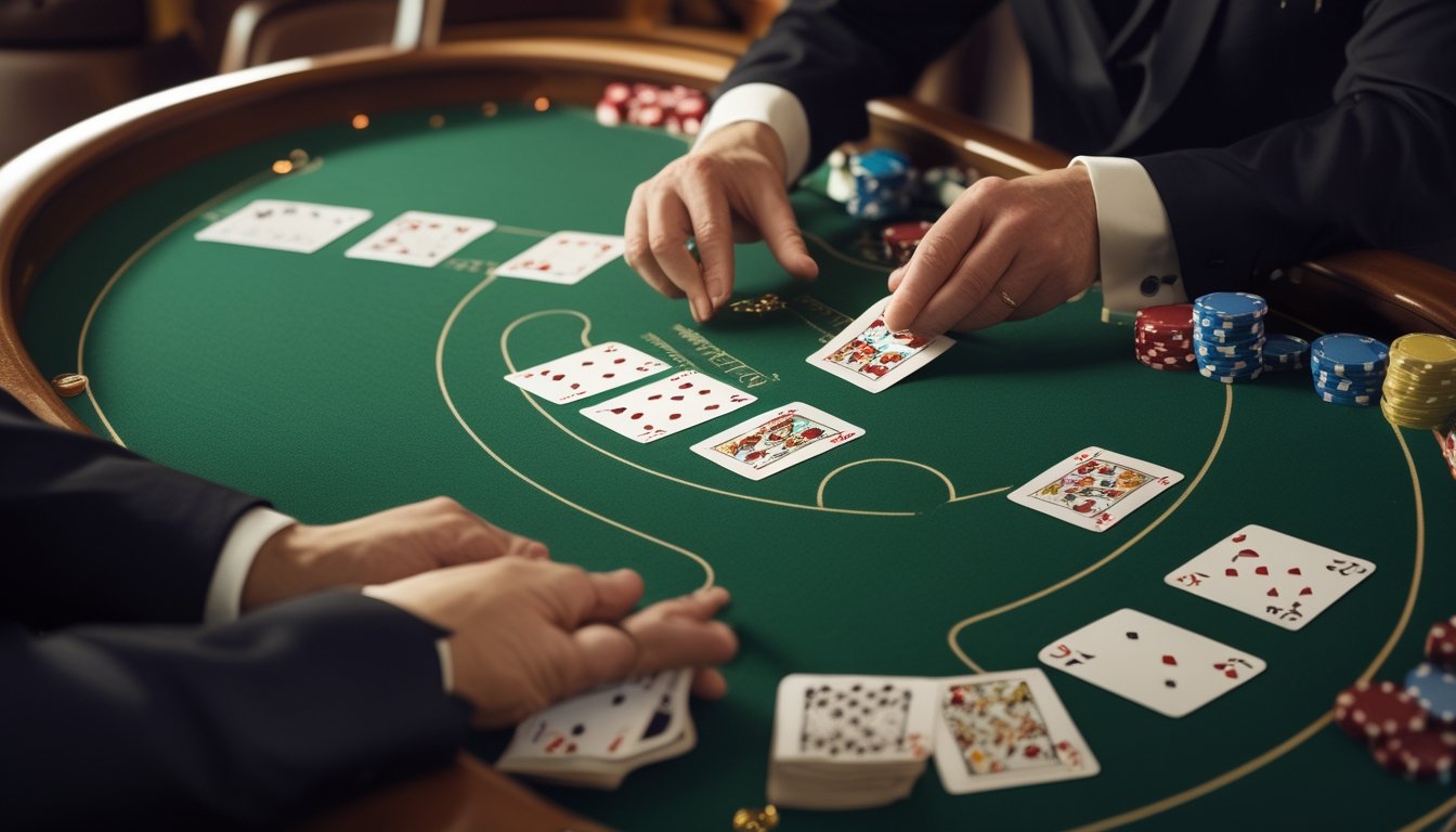 Dealer membagikan kartu ketiga di atas meja baccarat.