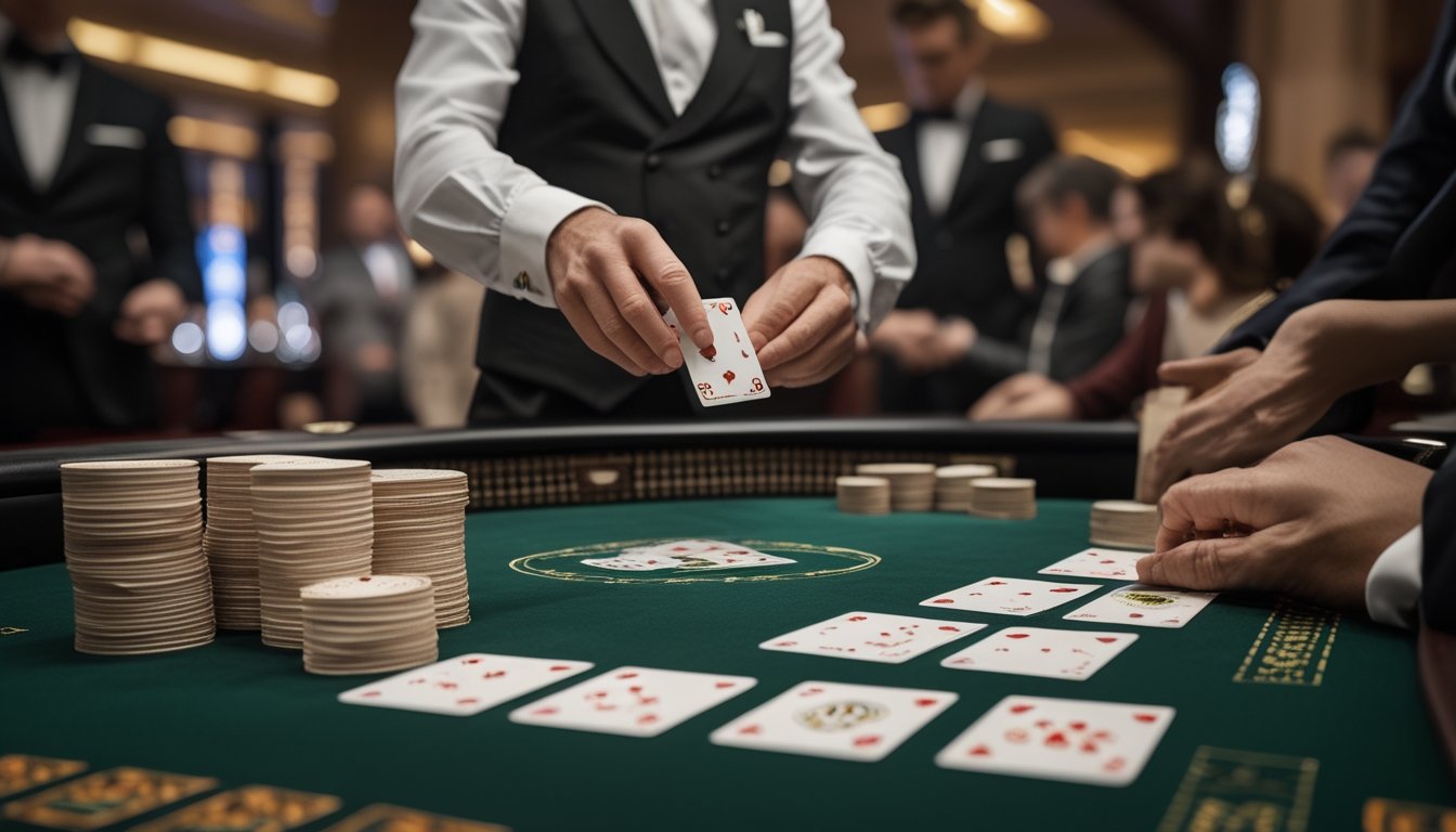 Dealer membagikan kartu ketiga di meja permainan baccarat sementara para pemain memperhatikan.