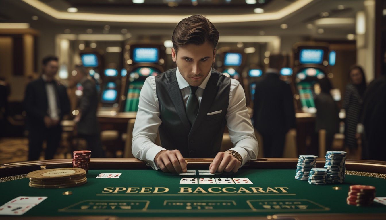 Meja baccarat cepat dengan kartu, keping kasino, dan dealer di lingkungan kasino elegan.