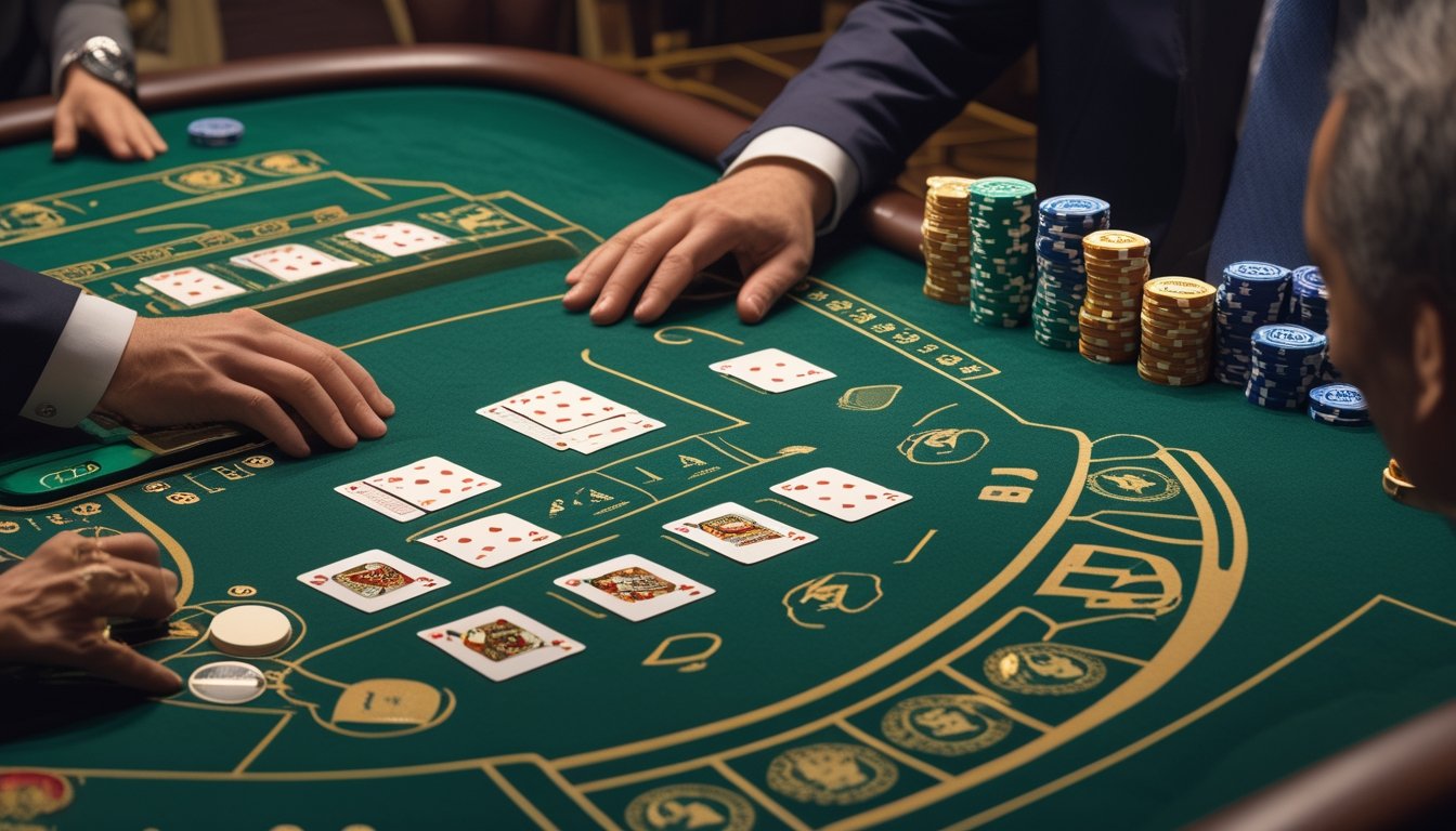 Dealer mengatur kartu dan chip di meja baccarat cepat sementara pemain mengamati permainan.