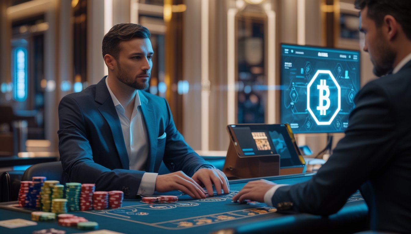 Pemain menggunakan perangkat digital di samping meja baccarat dengan kartu dan keping kasino.