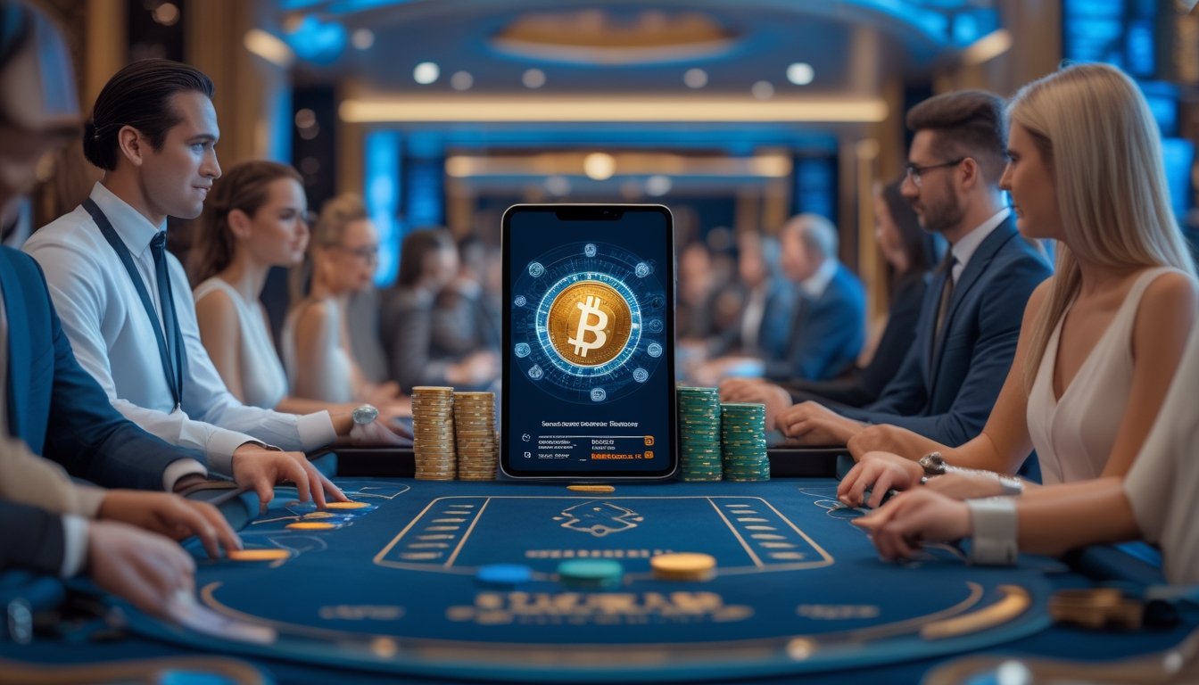 Pemain dewasa bermain baccarat di meja kasino dengan perangkat digital yang menampilkan simbol mata uang kripto.