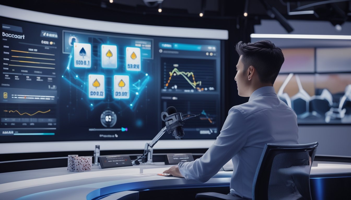 Seorang presenter memantau siaran langsung dan grafik analisis permainan kartu di studio modern.