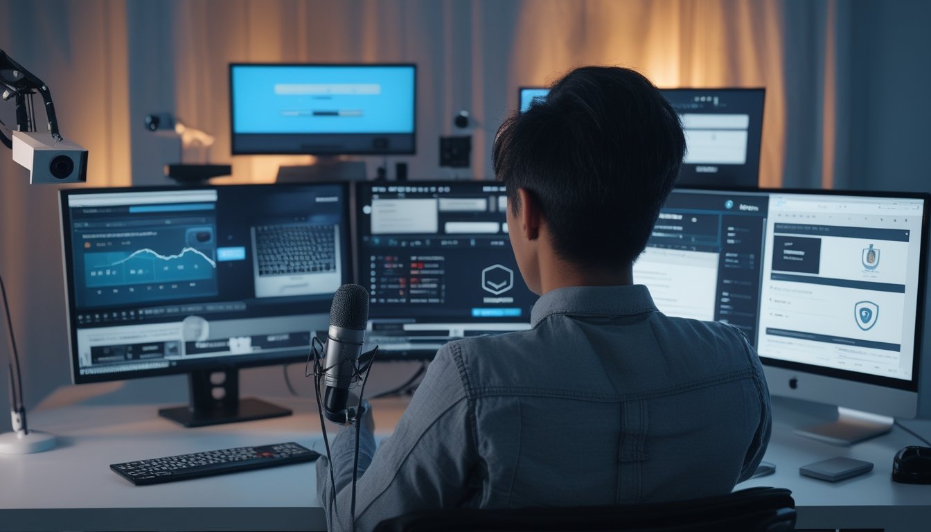 Seseorang membandingkan beberapa platform siaran langsung di ruang kerja digital dengan laptop, ponsel, kamera, dan mikrofon.