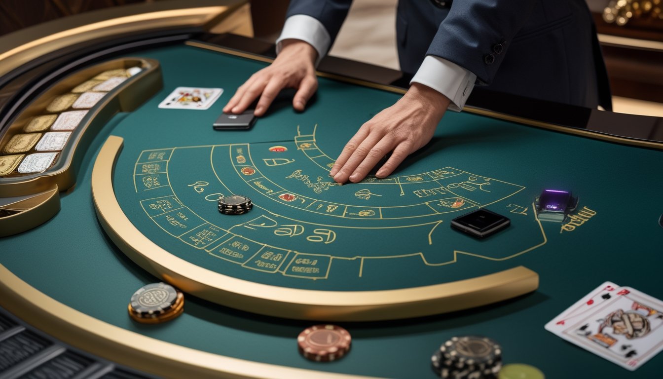 Meja speed baccarat modern dengan kartu, chip kasino, dan perangkat otomatis di dalam kasino.