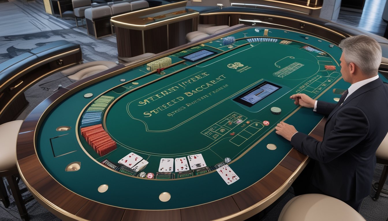Meja baccarat modern dengan teknologi terintegrasi, dealer, kartu, dan tumpukan chip di lingkungan kasino.