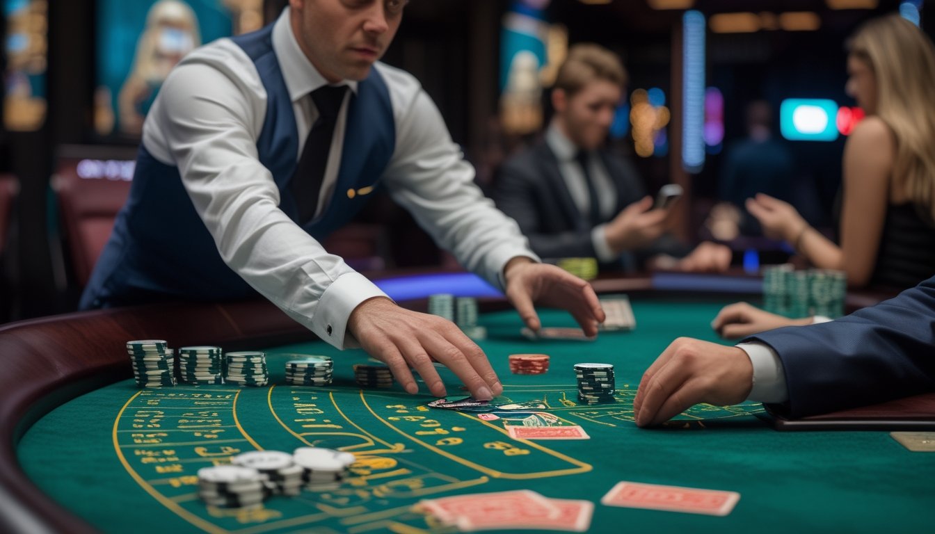 Pemain baccarat tampak panik dan terburu-buru memasang taruhan di meja kasino, sementara pemain lain terdistraksi oleh ponsel.
