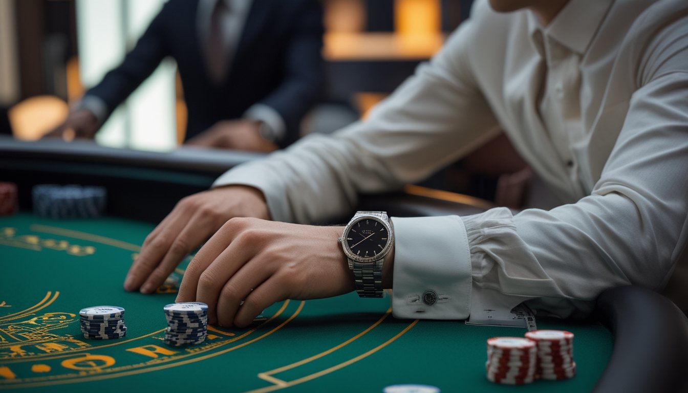 Seorang pemain yang tenang memeriksa jam tangan di meja baccarat dengan kartu dan keping permainan tersusun rapi.