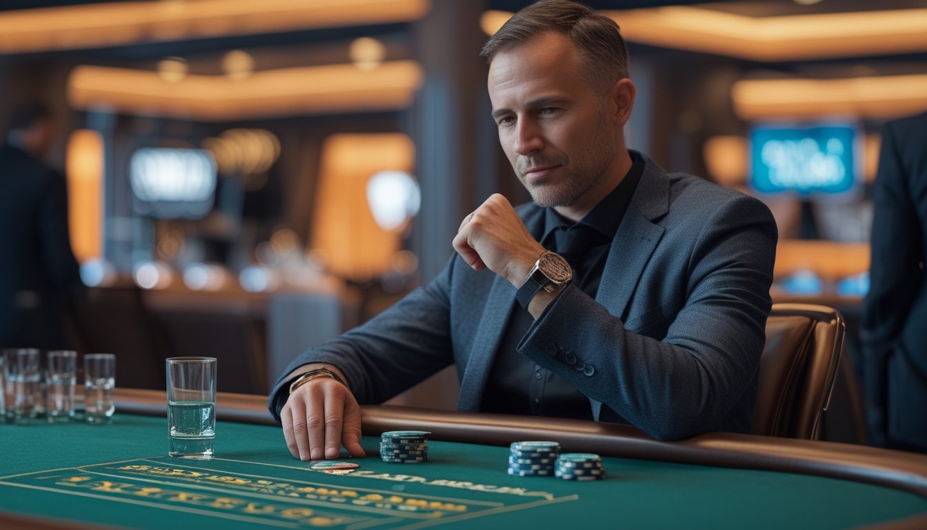 Seorang pemain duduk tenang di meja baccarat dengan jam tangan dan segelas air, sementara dealer berada di latar belakang.
