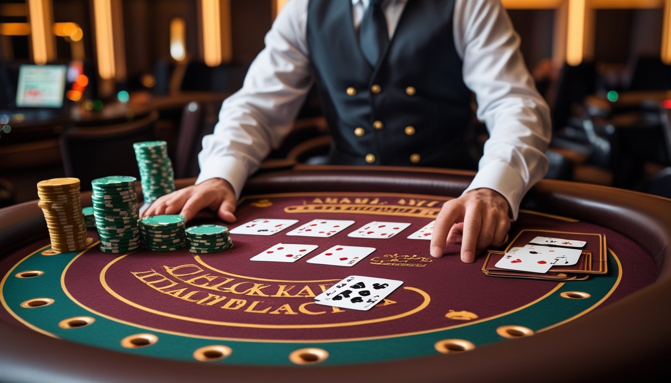 Meja blackjack dengan kartu terbuka, dealer, dan tumpukan chip di suasana kasino.