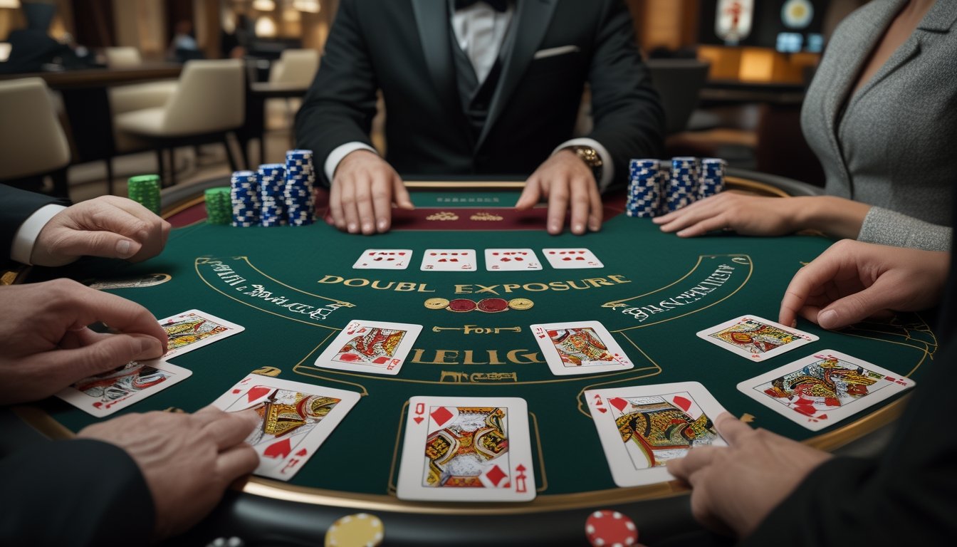 Meja blackjack dengan kartu terbuka, keping kasino, dan tangan dealer serta pemain di ruang kasino.