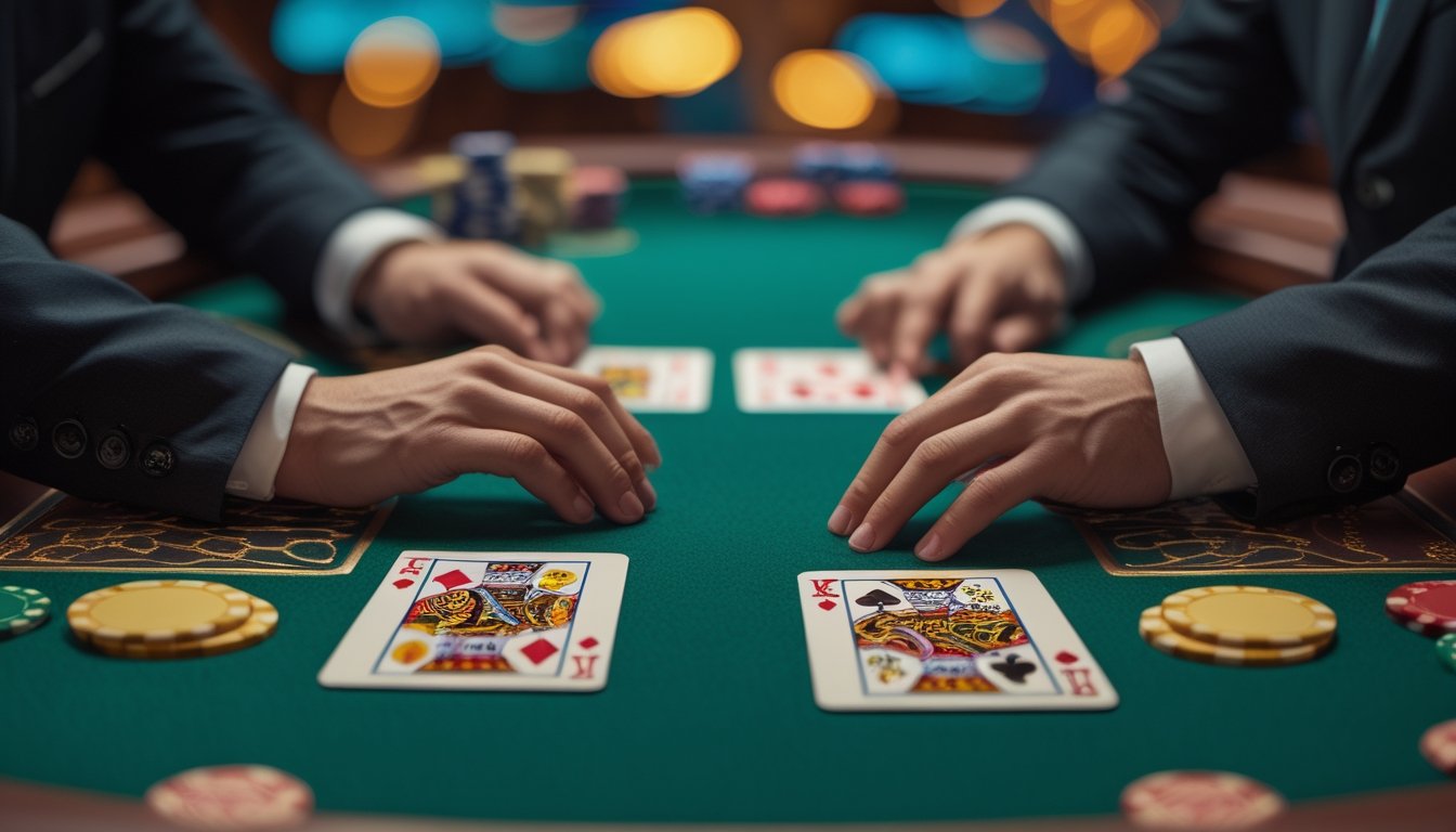 Meja blackjack kasino menampilkan kartu dealer yang terbuka dan susunan kartu klasik dengan beberapa chip.