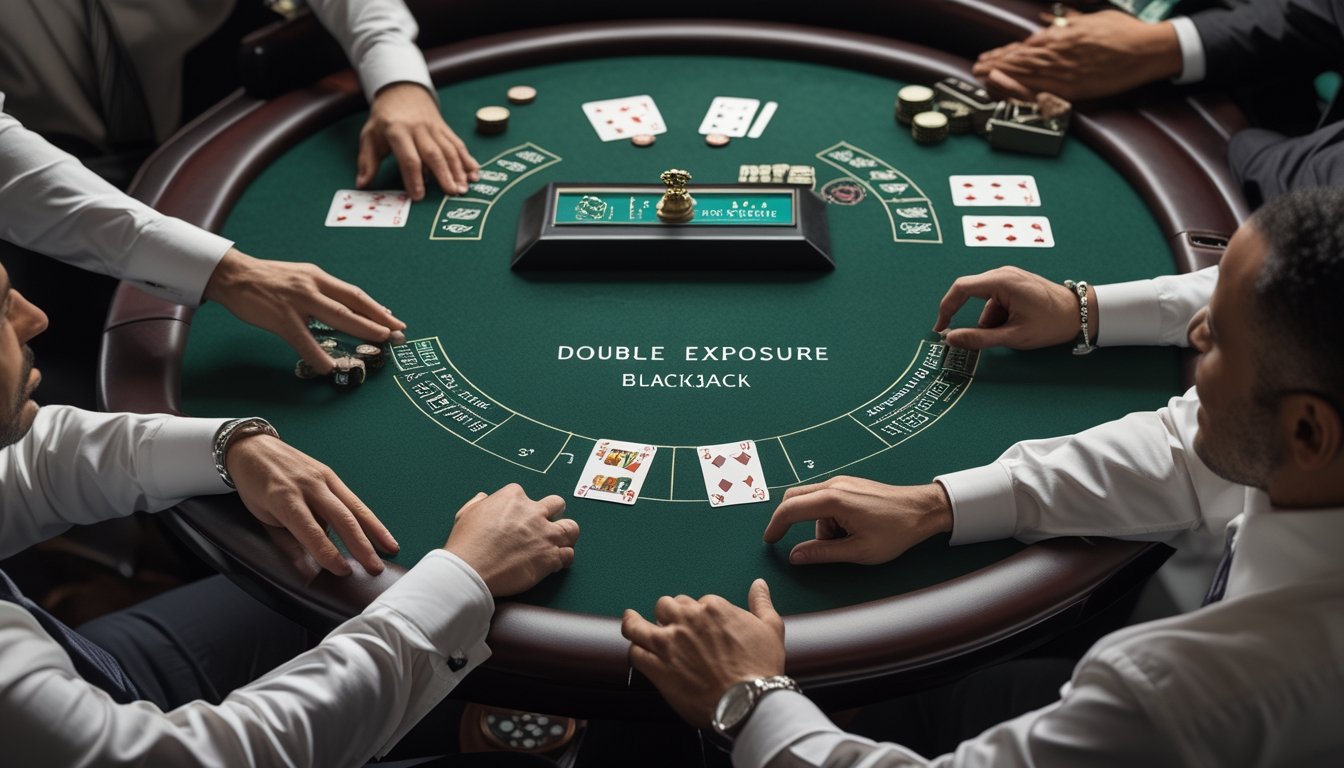 Dealer dan pemain bermain blackjack di meja kasino dengan dua kartu awal dealer terbuka.