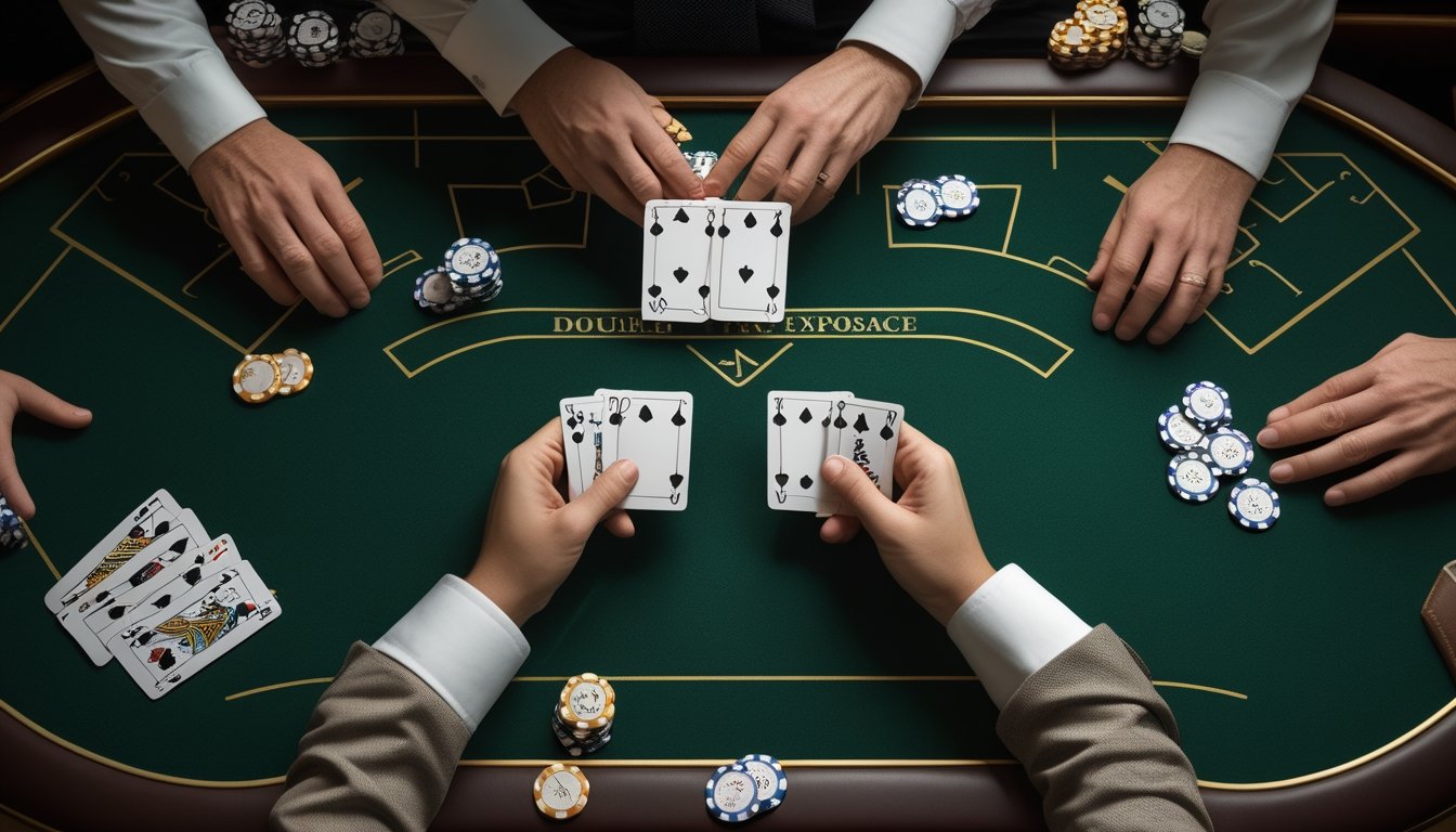 Meja blackjack dengan kartu dealer terbuka, kartu pemain, dan keping kasino.