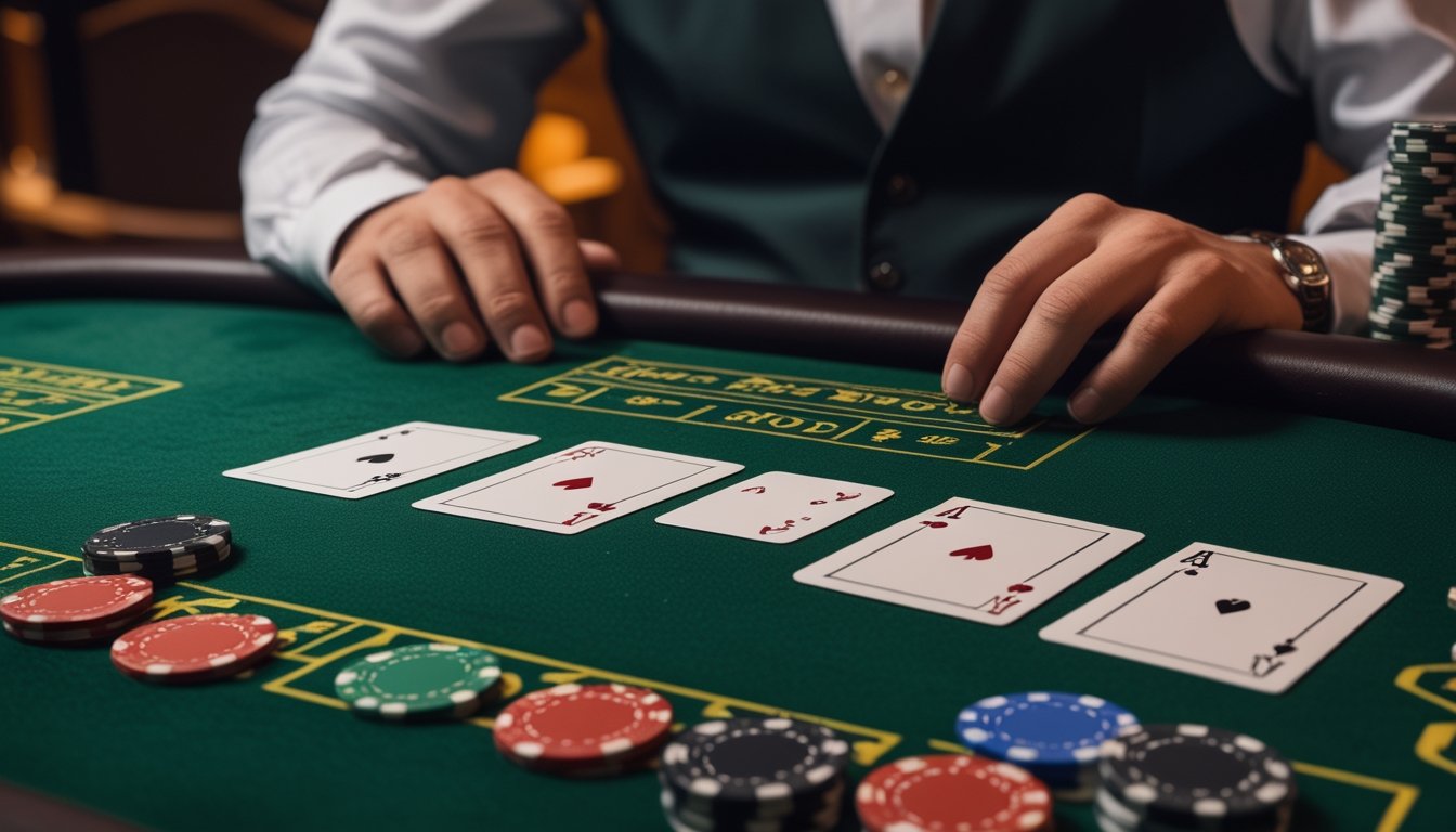 Meja blackjack dengan dealer dan satu kartu dealer terbuka di atas meja.