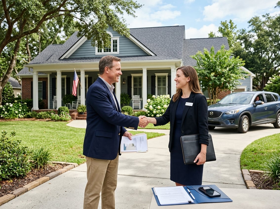 A property owner and real estate professional shake hands outside a well-maintained Georgia rental home.