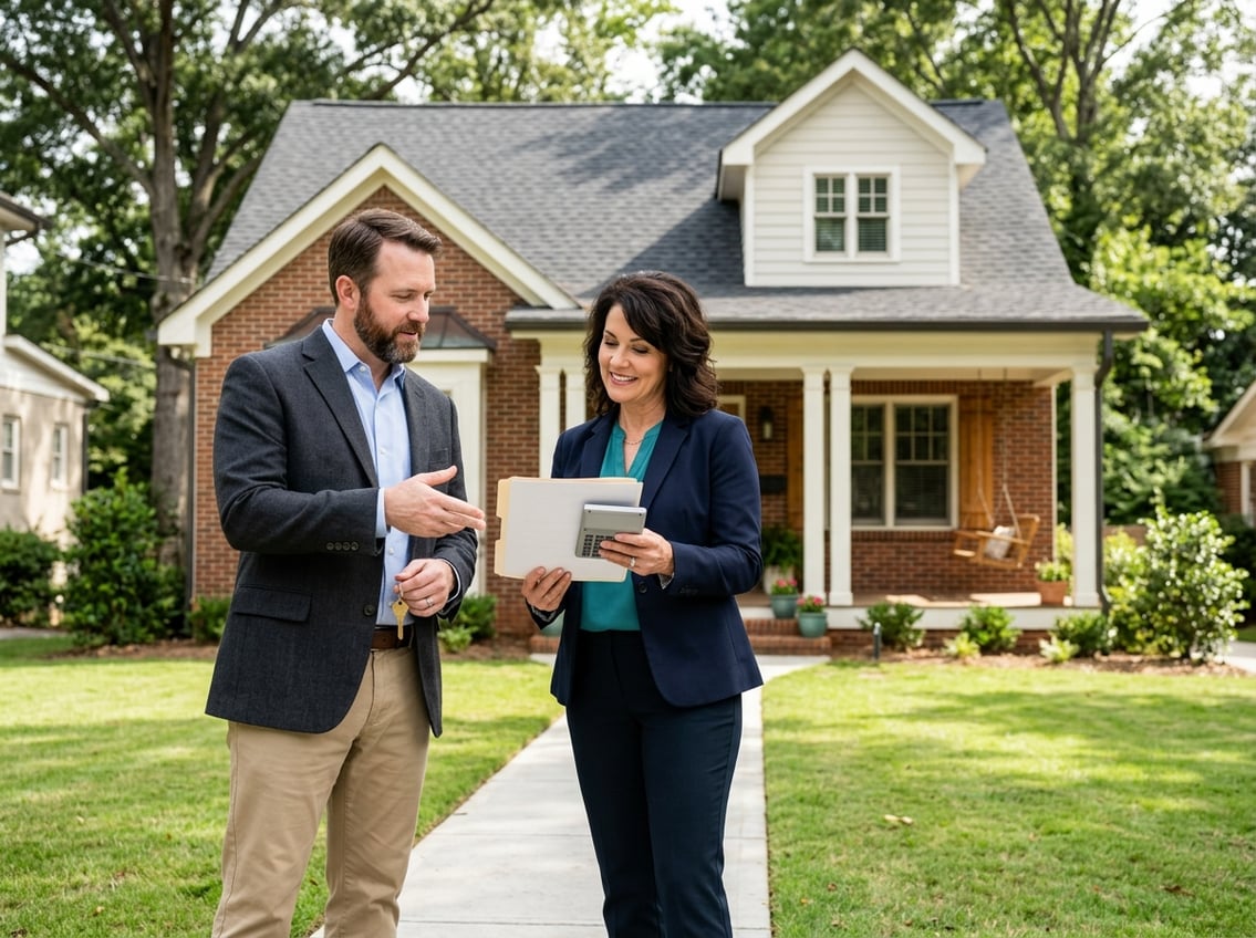 A property owner and real estate advisor review sale options outside a suburban Georgia rental home.