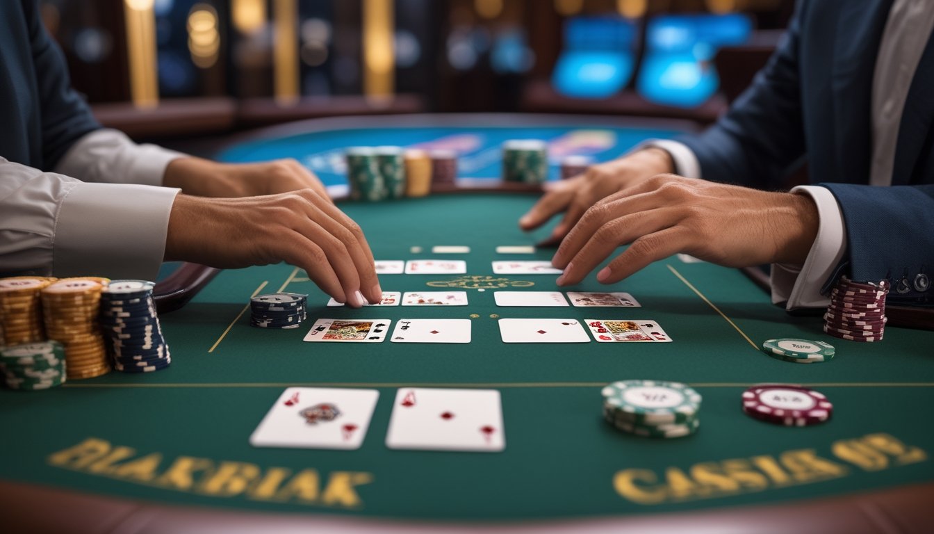 Pemain blackjack mempelajari kartu dan keping taruhan di meja kasino dengan dealer yang tampak samar di latar belakang.