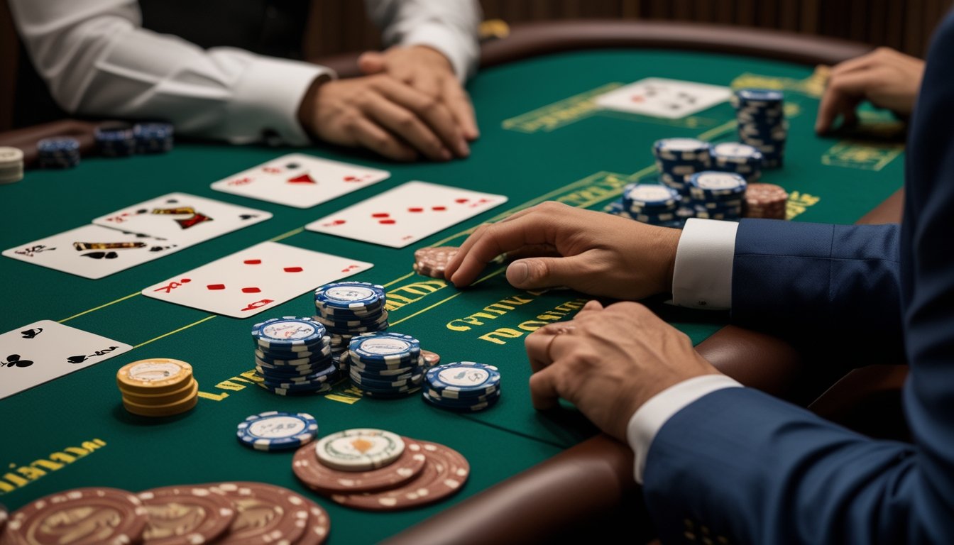 Pemain mempertimbangkan langkah berikutnya di meja Double Exposure Blackjack dengan kartu terbuka dan keping kasino.