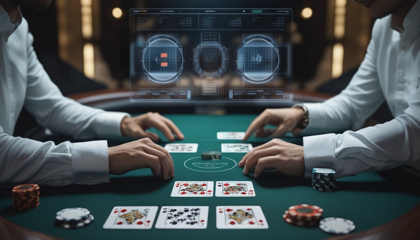 Pemain mempelajari kartu blackjack di meja kasino dengan chip dan tampilan analisis probabilitas.