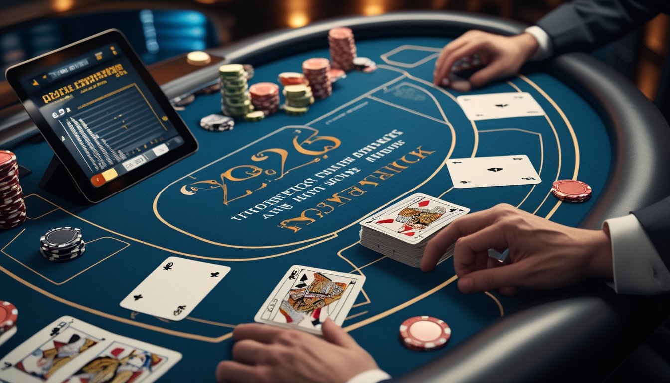 Meja blackjack di kasino modern dengan kartu dealer yang terbuka, kartu pemain, keping taruhan, dan tablet analisis.